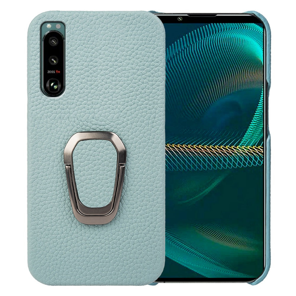Litchi Texture Phone Cover for Sony Xperia 5 III 5G, Anti-drop Genuine Leather Coated PC Case with Ring Holder Kickstand