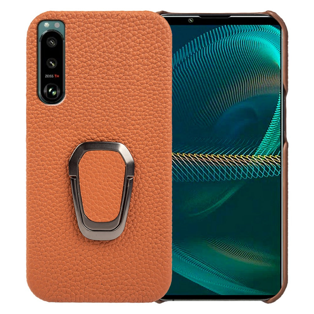 Litchi Texture Phone Cover for Sony Xperia 5 III 5G, Anti-drop Genuine Leather Coated PC Case with Ring Holder Kickstand