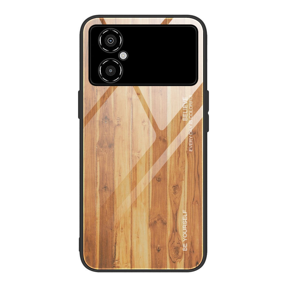 For Xiaomi Poco M4 5G 9H Tempered Glass Back Soft TPU Bumper Phone Case Wooden Pattern Design Anti-Scratch Shockproof Cover