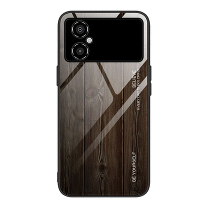 For Xiaomi Poco M4 5G 9H Tempered Glass Back Soft TPU Bumper Phone Case Wooden Pattern Design Anti-Scratch Shockproof Cover