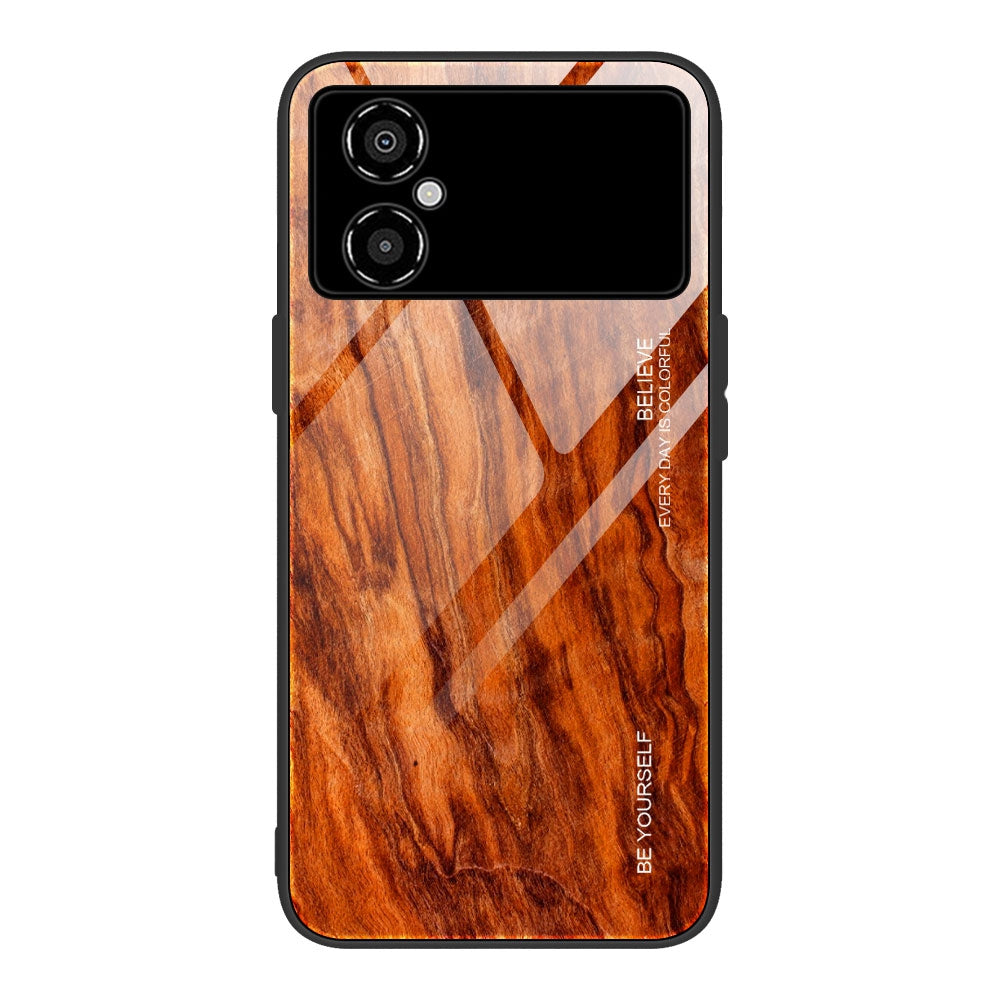 For Xiaomi Poco M4 5G 9H Tempered Glass Back Soft TPU Bumper Phone Case Wooden Pattern Design Anti-Scratch Shockproof Cover