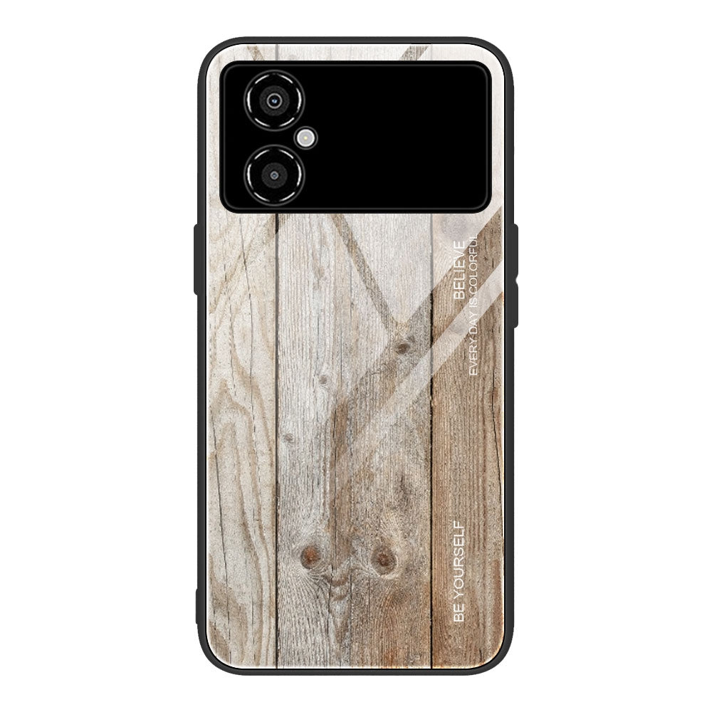 For Xiaomi Poco M4 5G 9H Tempered Glass Back Soft TPU Bumper Phone Case Wooden Pattern Design Anti-Scratch Shockproof Cover