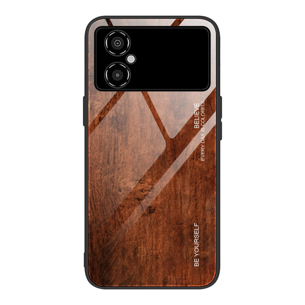 For Xiaomi Poco M4 5G 9H Tempered Glass Back Soft TPU Bumper Phone Case Wooden Pattern Design Anti-Scratch Shockproof Cover