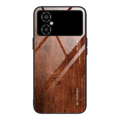For Xiaomi Poco M4 5G 9H Tempered Glass Back Soft TPU Bumper Phone Case Wooden Pattern Design Anti-Scratch Shockproof Cover