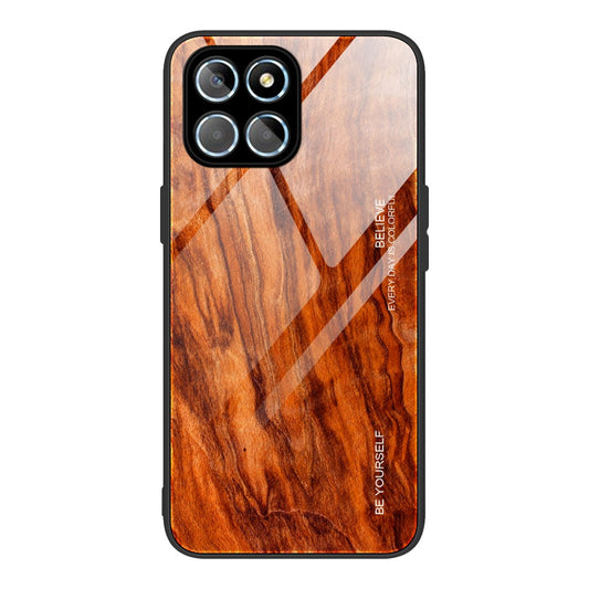 For Honor X8 5G Tempered Glass Shell Phone Case Wooden Pattern TPU Frame Shock Absorption Cover