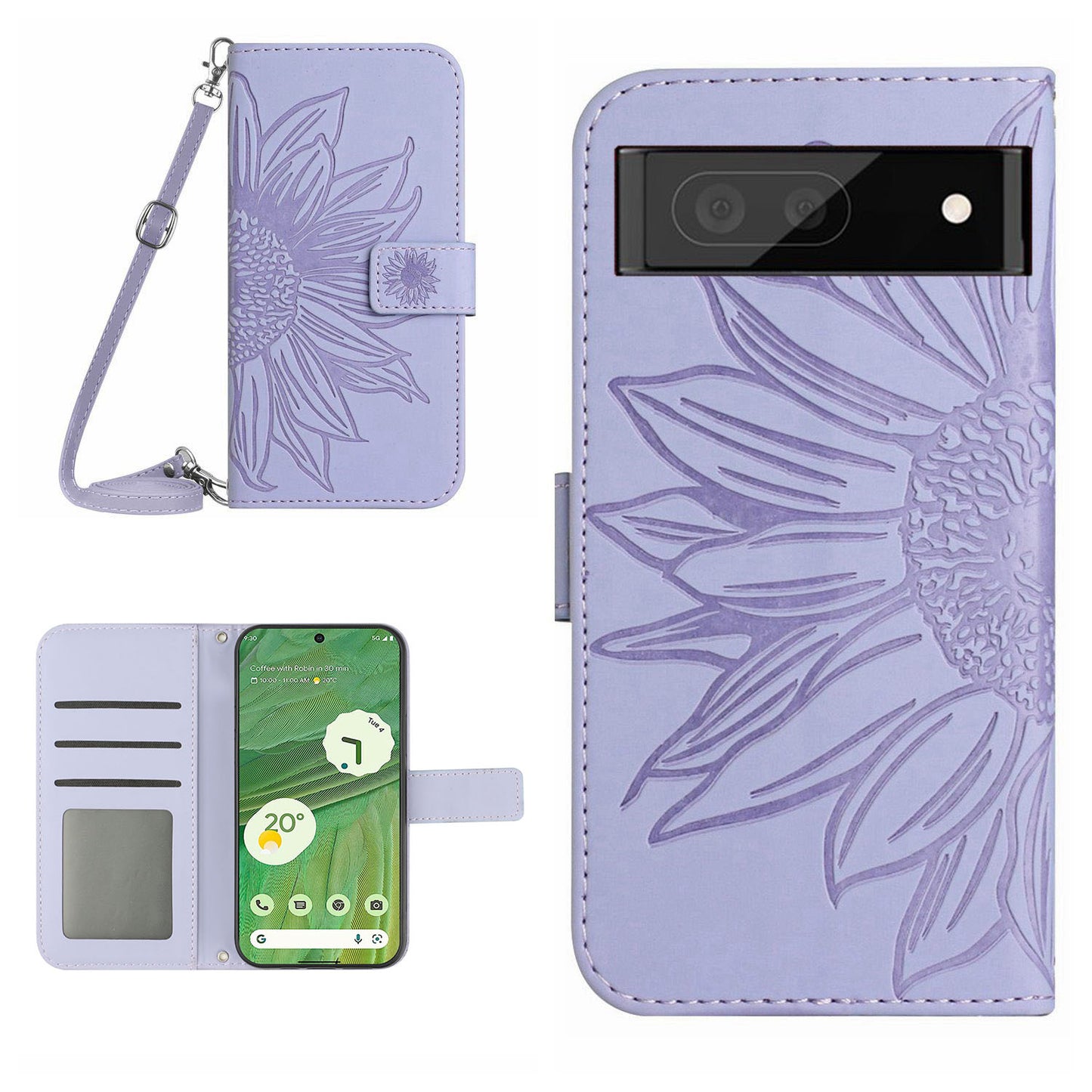 HT04 Skin-friendly Phone Case For Google Pixel 7 5G, Wallet Stand Imprinted Sunflower Shockproof Cell Phone Cover with Shoulder Strap
