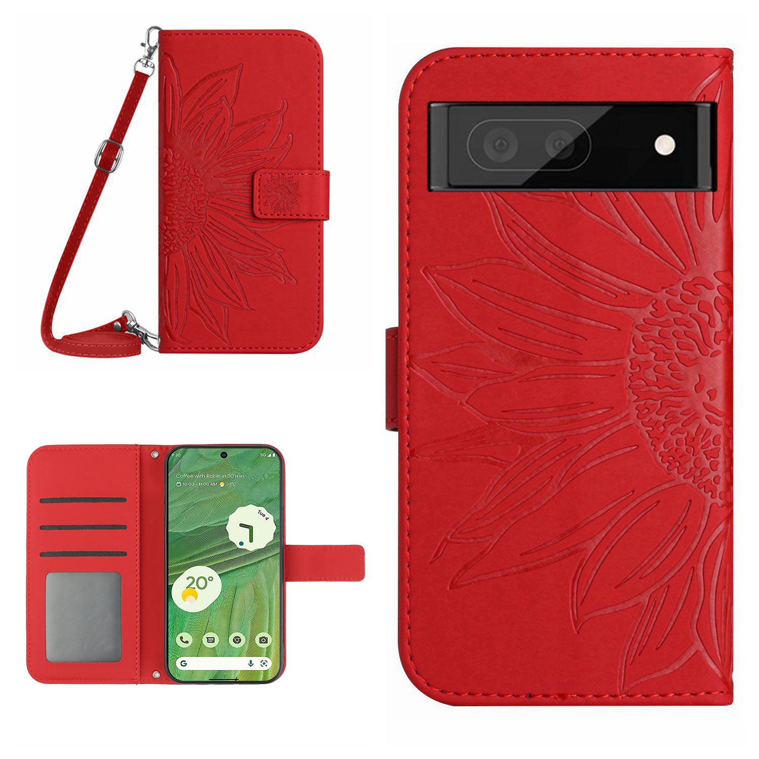 HT04 Skin-friendly Phone Case For Google Pixel 7 5G, Wallet Stand Imprinted Sunflower Shockproof Cell Phone Cover with Shoulder Strap
