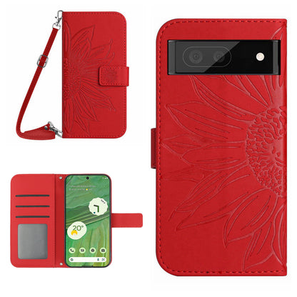 HT04 Skin-friendly Phone Case For Google Pixel 7 5G, Wallet Stand Imprinted Sunflower Shockproof Cell Phone Cover with Shoulder Strap