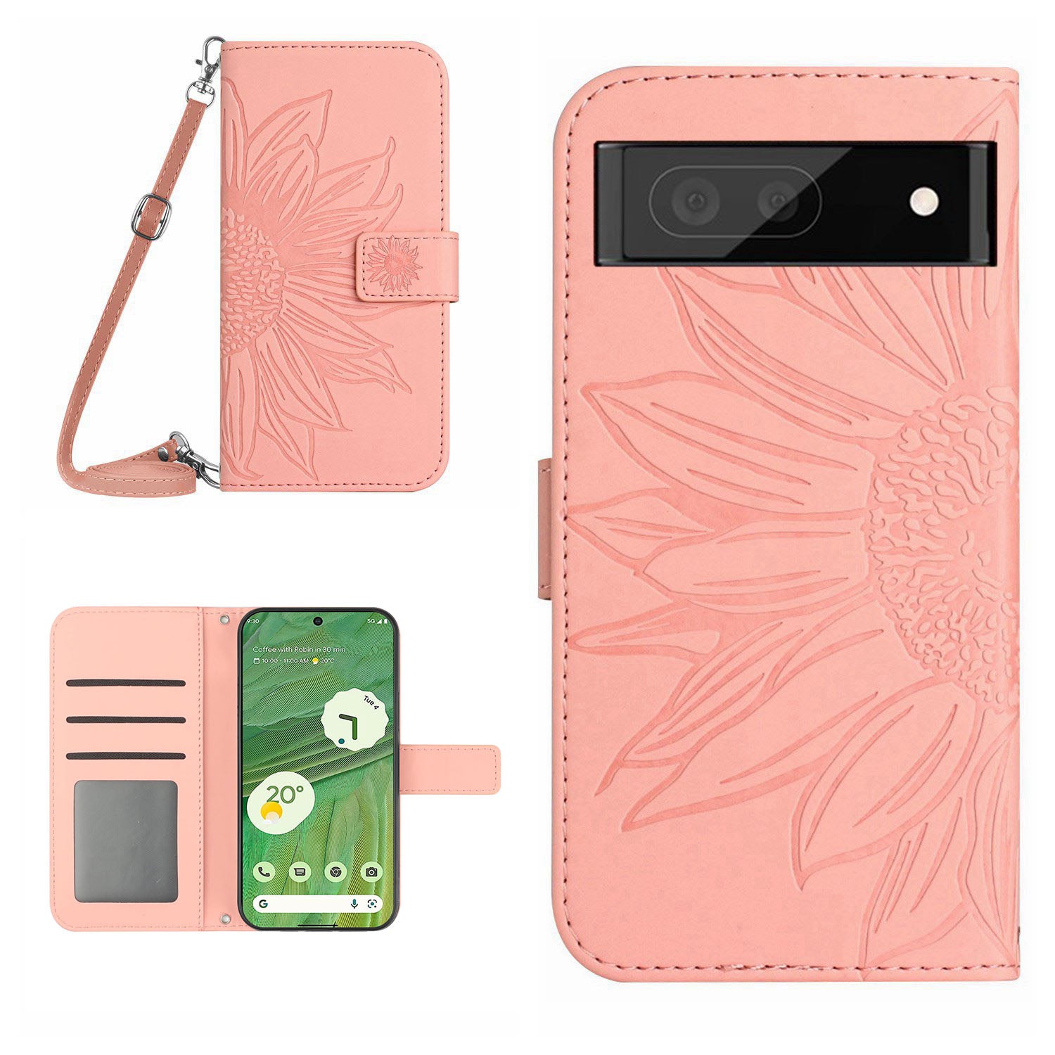 HT04 Skin-friendly Phone Case For Google Pixel 7 5G, Wallet Stand Imprinted Sunflower Shockproof Cell Phone Cover with Shoulder Strap