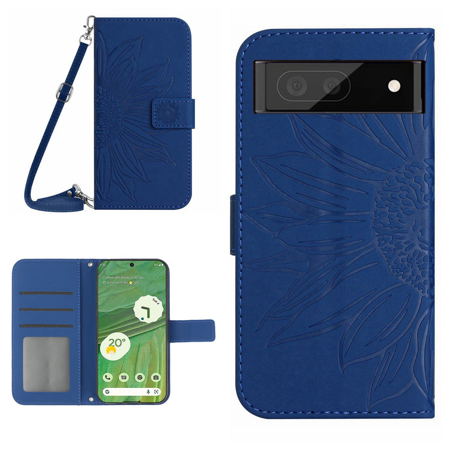HT04 Skin-friendly Phone Case For Google Pixel 7 5G, Wallet Stand Imprinted Sunflower Shockproof Cell Phone Cover with Shoulder Strap