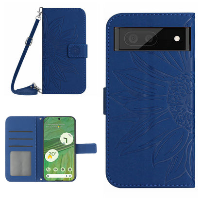 HT04 Skin-friendly Phone Case For Google Pixel 7 5G, Wallet Stand Imprinted Sunflower Shockproof Cell Phone Cover with Shoulder Strap