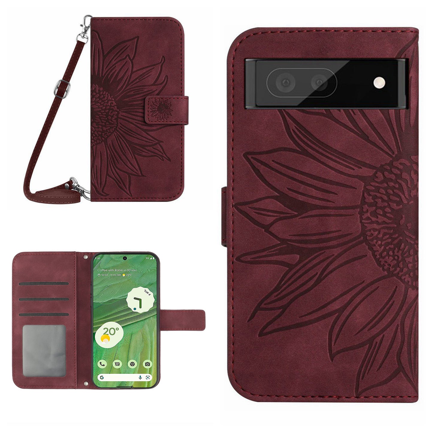 HT04 Skin-friendly Phone Case For Google Pixel 7 5G, Wallet Stand Imprinted Sunflower Shockproof Cell Phone Cover with Shoulder Strap