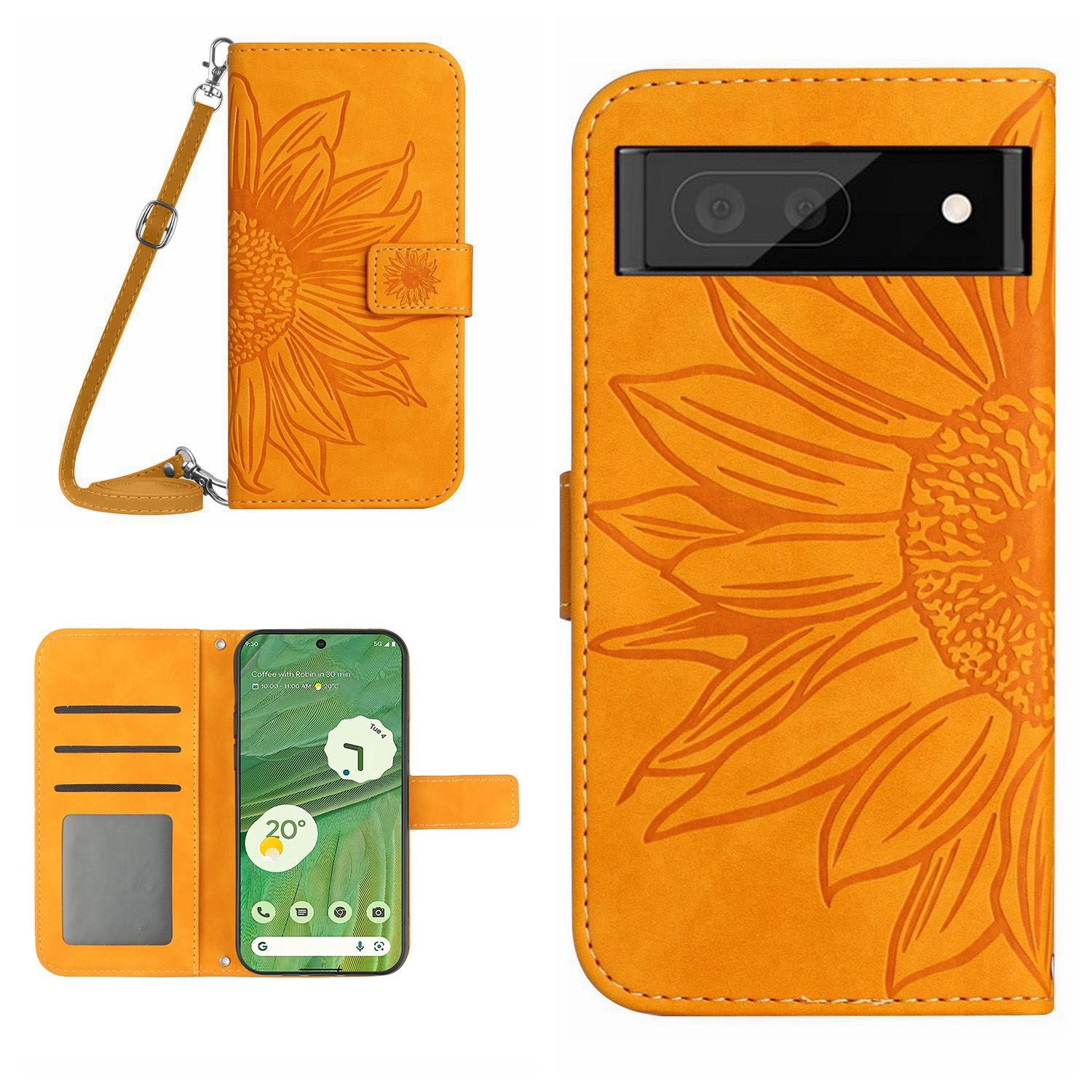 HT04 Skin-friendly Phone Case For Google Pixel 7 5G, Wallet Stand Imprinted Sunflower Shockproof Cell Phone Cover with Shoulder Strap