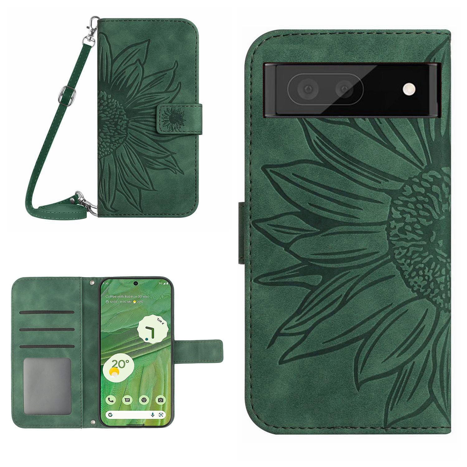 HT04 Skin-friendly Phone Case For Google Pixel 7 5G, Wallet Stand Imprinted Sunflower Shockproof Cell Phone Cover with Shoulder Strap