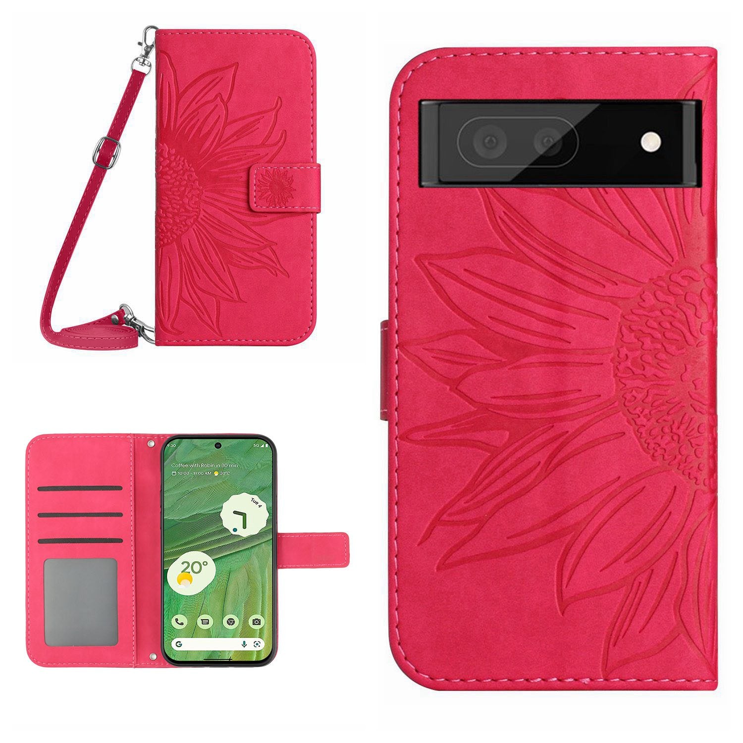 HT04 Skin-friendly Phone Case For Google Pixel 7 5G, Wallet Stand Imprinted Sunflower Shockproof Cell Phone Cover with Shoulder Strap