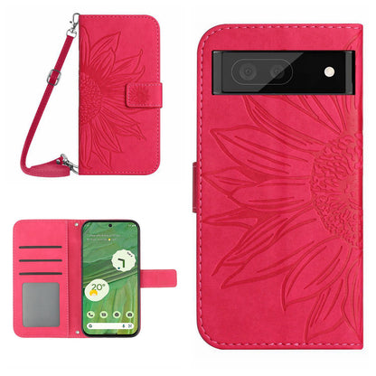 HT04 Skin-friendly Phone Case For Google Pixel 7 5G, Wallet Stand Imprinted Sunflower Shockproof Cell Phone Cover with Shoulder Strap