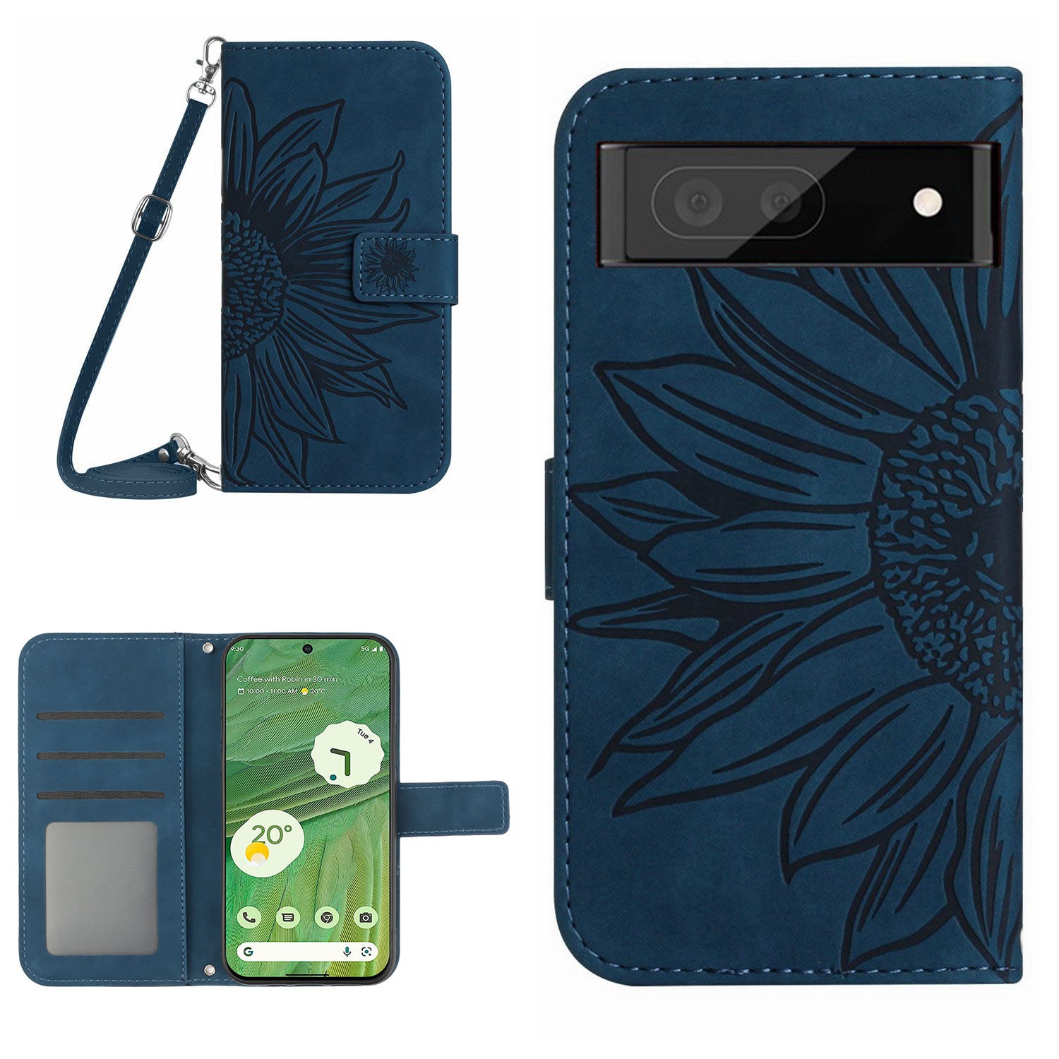 HT04 Skin-friendly Phone Case For Google Pixel 7 5G, Wallet Stand Imprinted Sunflower Shockproof Cell Phone Cover with Shoulder Strap
