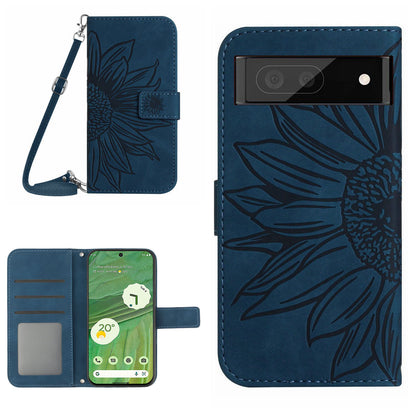 HT04 Skin-friendly Phone Case For Google Pixel 7 5G, Wallet Stand Imprinted Sunflower Shockproof Cell Phone Cover with Shoulder Strap