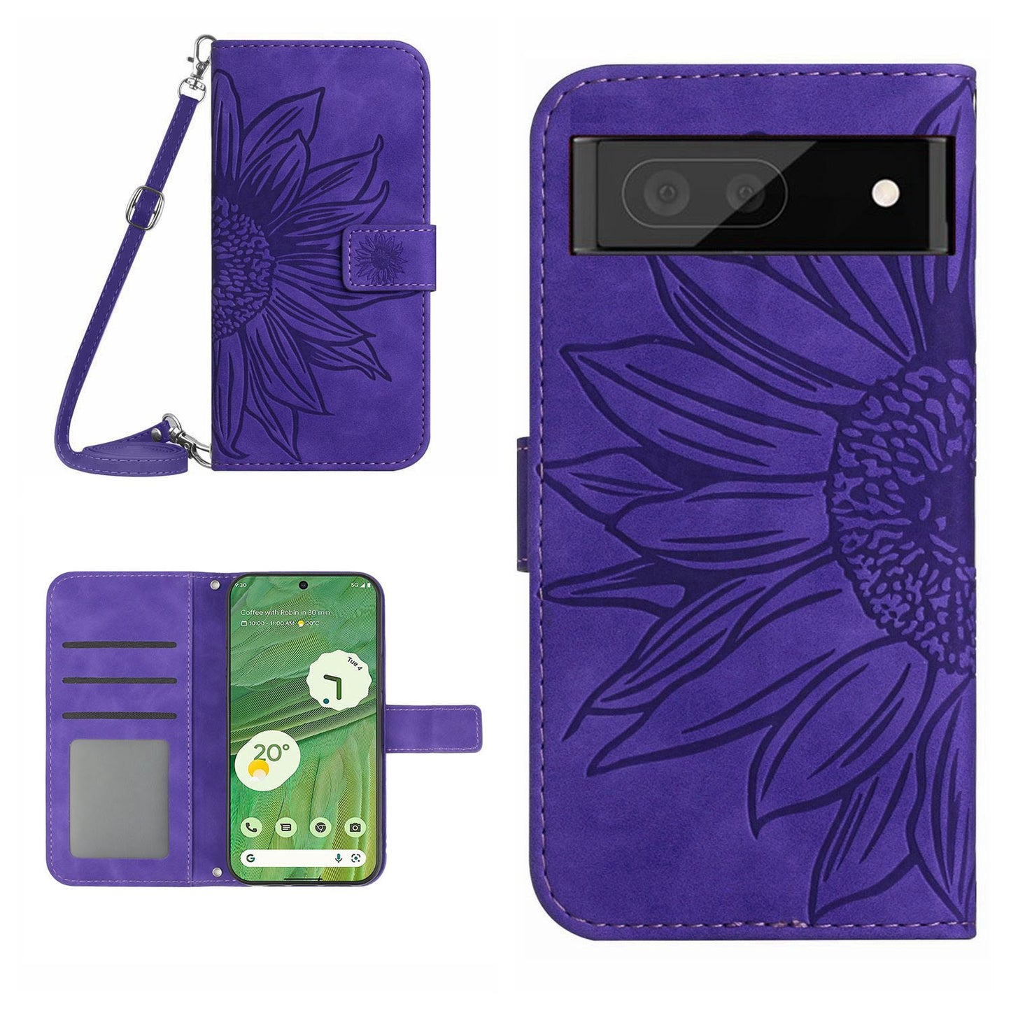 HT04 Skin-friendly Phone Case For Google Pixel 7 5G, Wallet Stand Imprinted Sunflower Shockproof Cell Phone Cover with Shoulder Strap