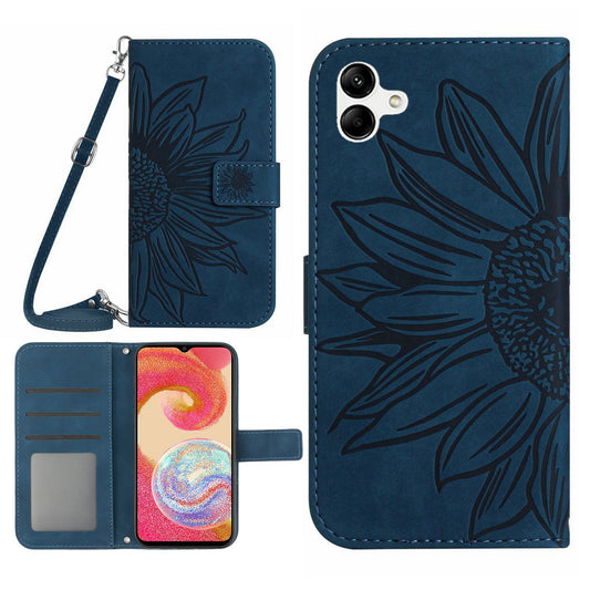 For Samsung Galaxy A04e 4G HT04 Imprinted Sunflower Flip Cover Skin-Touch PU Leather Stand Magnetic Closure Folio Wallet Phone Case with Shoulder Strap