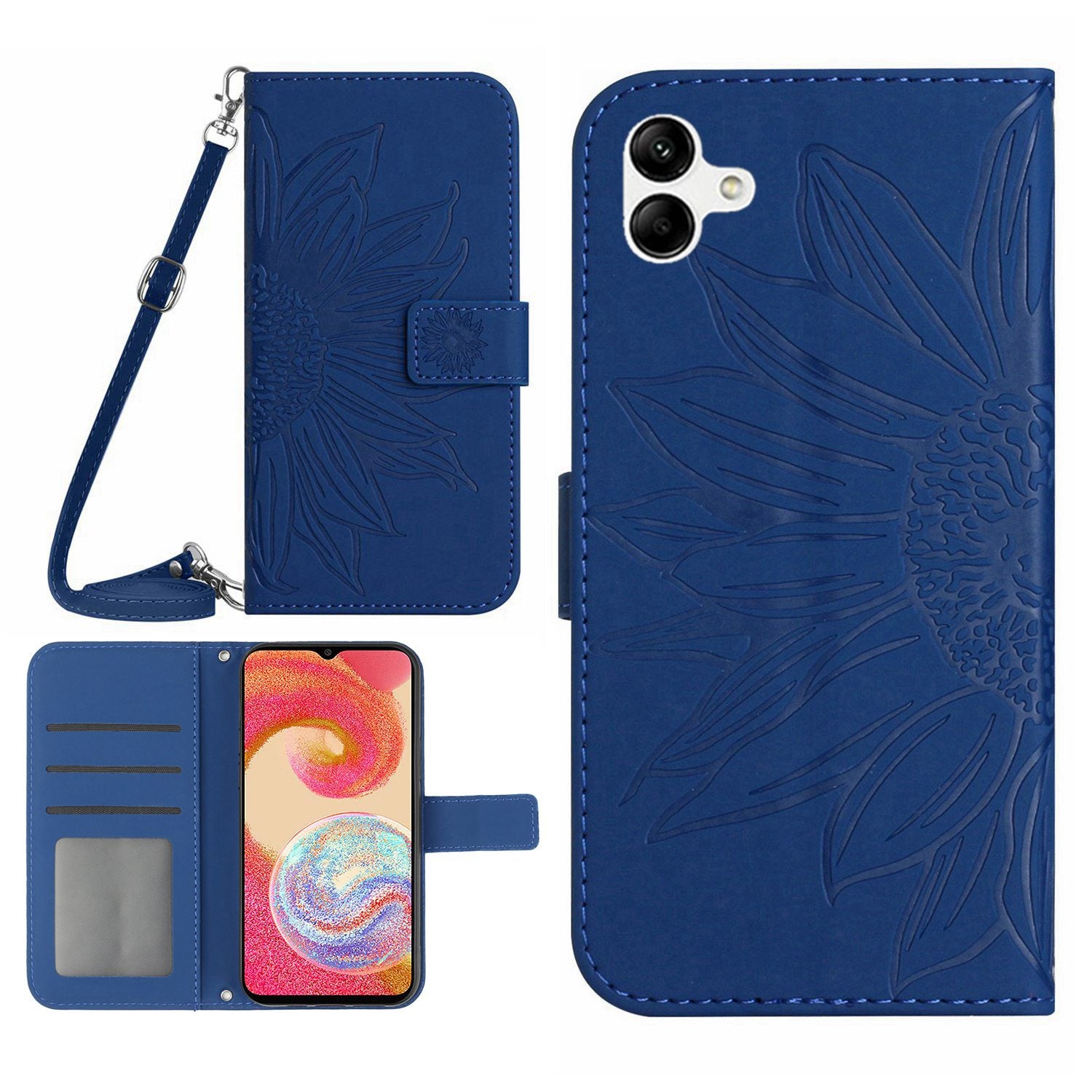 For Samsung Galaxy A04e 4G HT04 Imprinted Sunflower Flip Cover Skin-Touch PU Leather Stand Magnetic Closure Folio Wallet Phone Case with Shoulder Strap