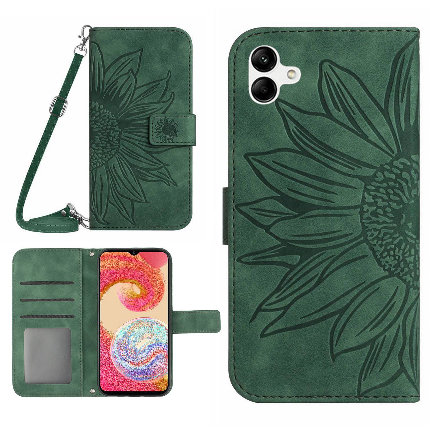For Samsung Galaxy A04e 4G HT04 Imprinted Sunflower Flip Cover Skin-Touch PU Leather Stand Magnetic Closure Folio Wallet Phone Case with Shoulder Strap