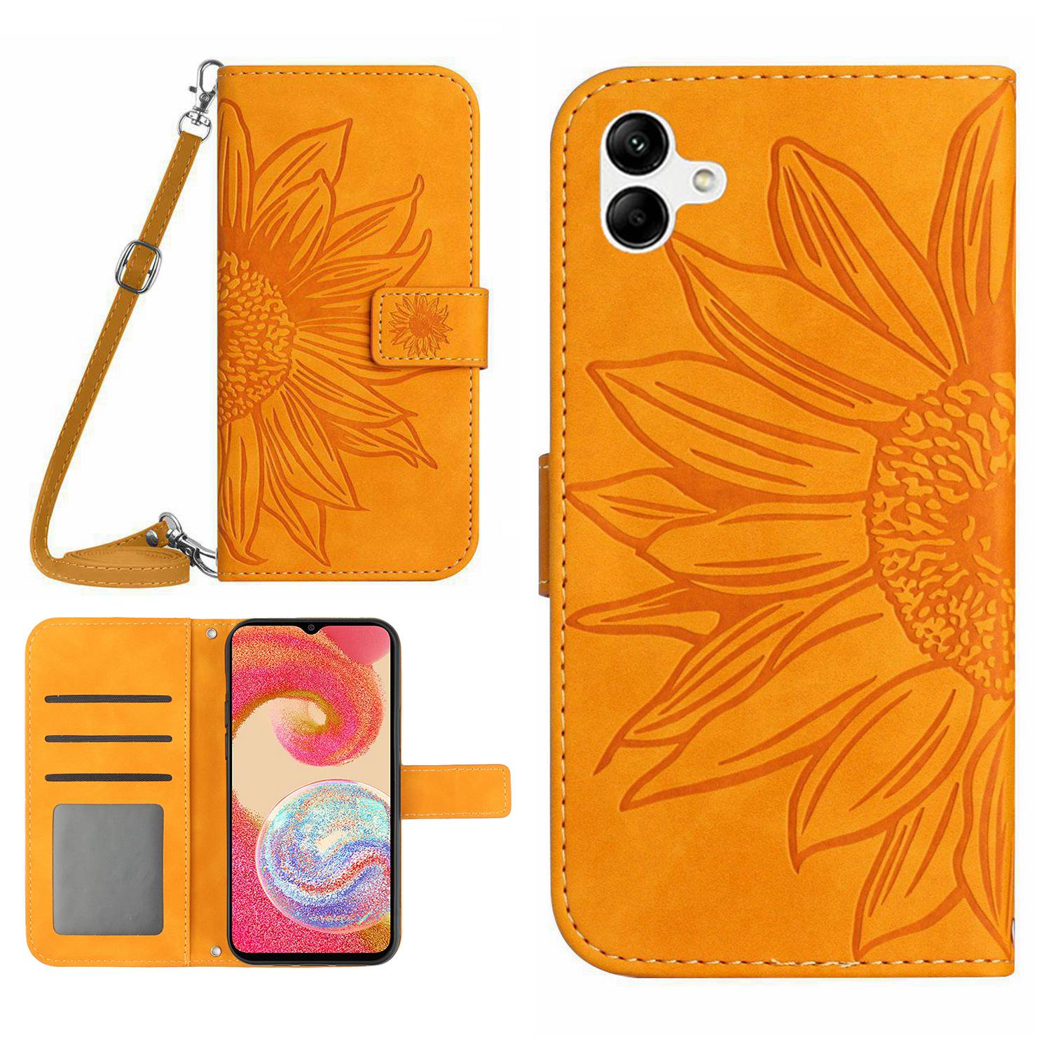 For Samsung Galaxy A04e 4G HT04 Imprinted Sunflower Flip Cover Skin-Touch PU Leather Stand Magnetic Closure Folio Wallet Phone Case with Shoulder Strap