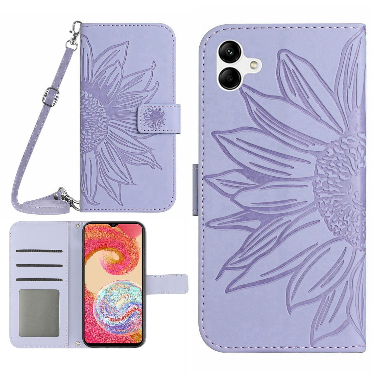 For Samsung Galaxy A04e 4G HT04 Imprinted Sunflower Flip Cover Skin-Touch PU Leather Stand Magnetic Closure Folio Wallet Phone Case with Shoulder Strap