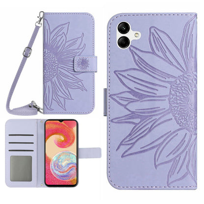 For Samsung Galaxy A04e 4G HT04 Imprinted Sunflower Flip Cover Skin-Touch PU Leather Stand Magnetic Closure Folio Wallet Phone Case with Shoulder Strap