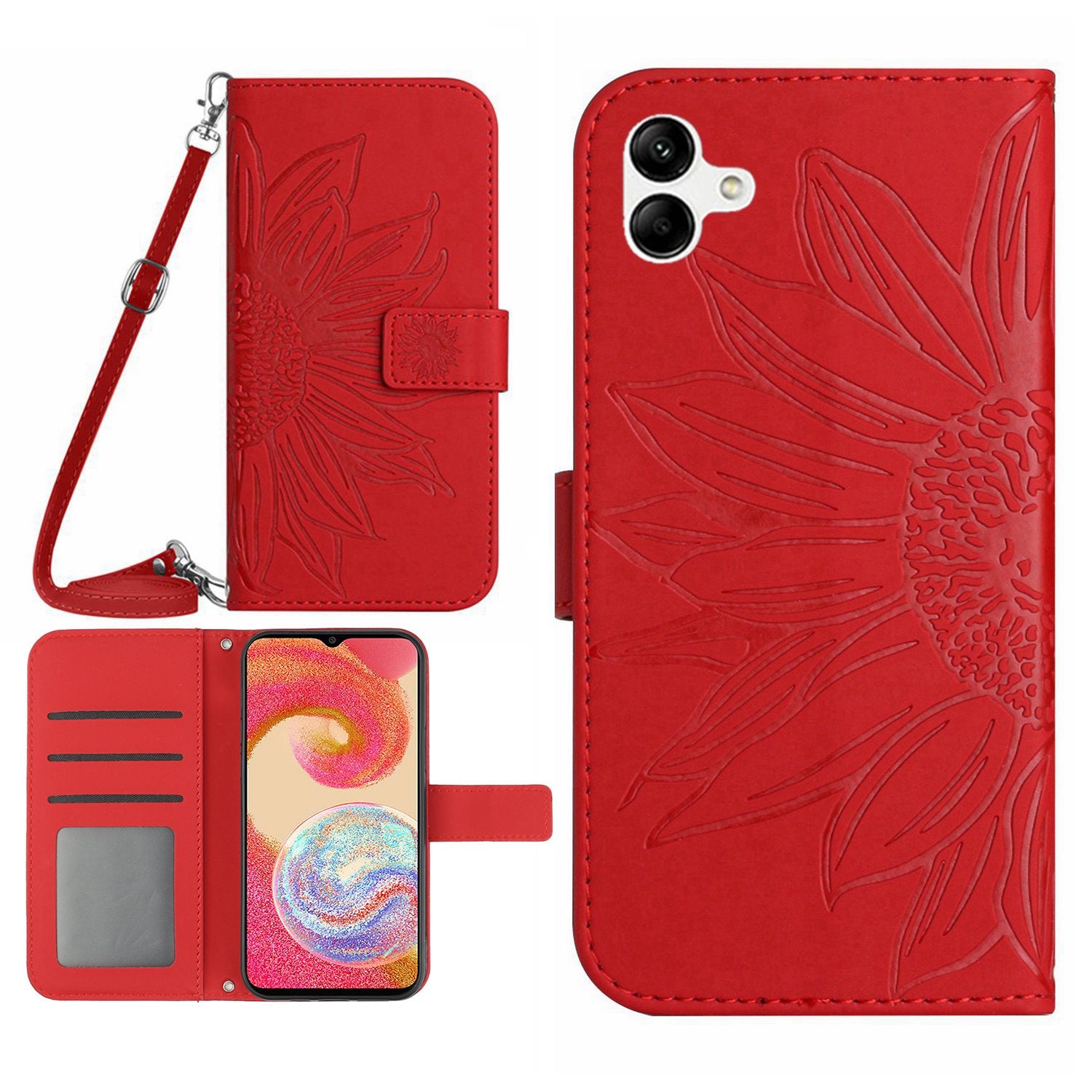 For Samsung Galaxy A04e 4G HT04 Imprinted Sunflower Flip Cover Skin-Touch PU Leather Stand Magnetic Closure Folio Wallet Phone Case with Shoulder Strap