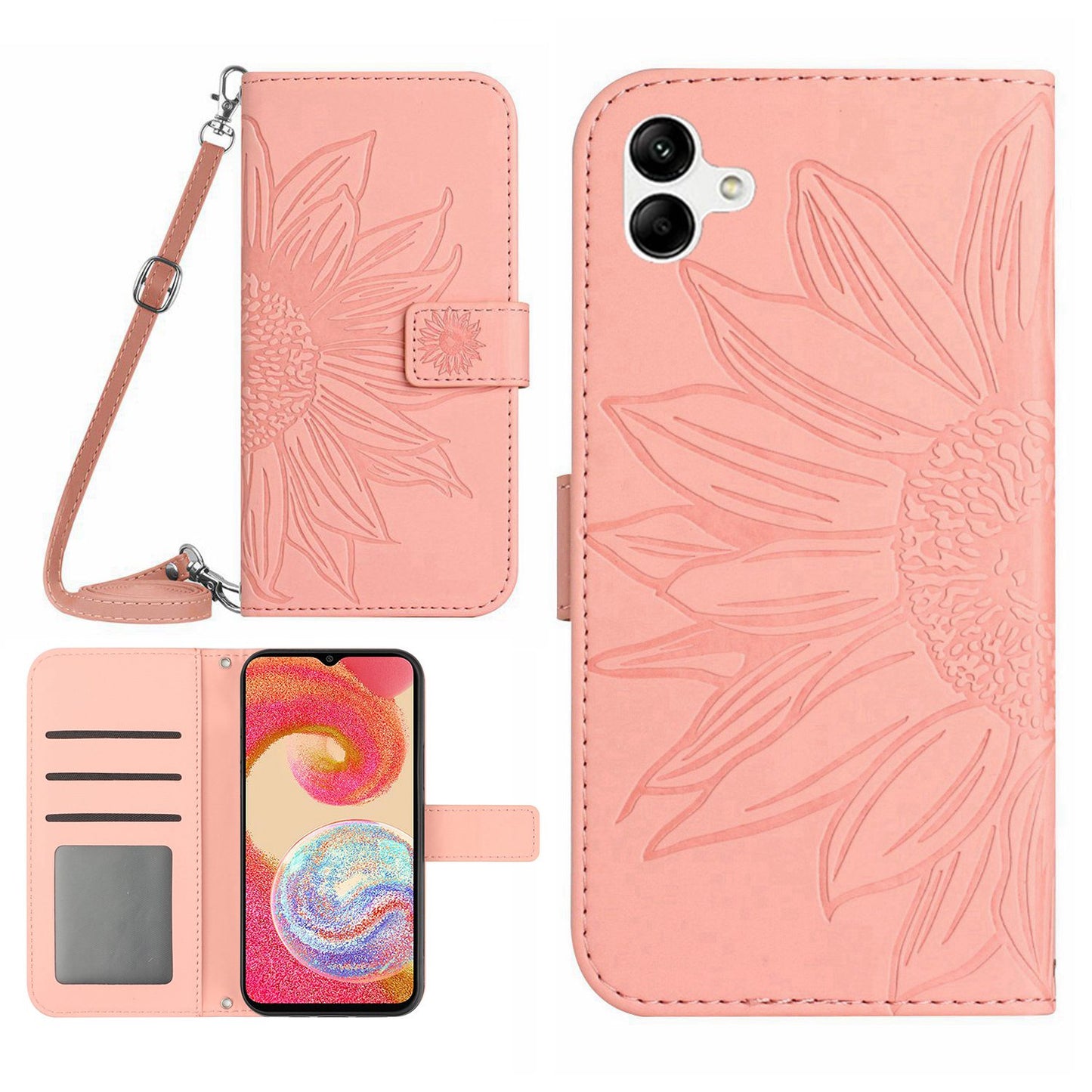 For Samsung Galaxy A04e 4G HT04 Imprinted Sunflower Flip Cover Skin-Touch PU Leather Stand Magnetic Closure Folio Wallet Phone Case with Shoulder Strap
