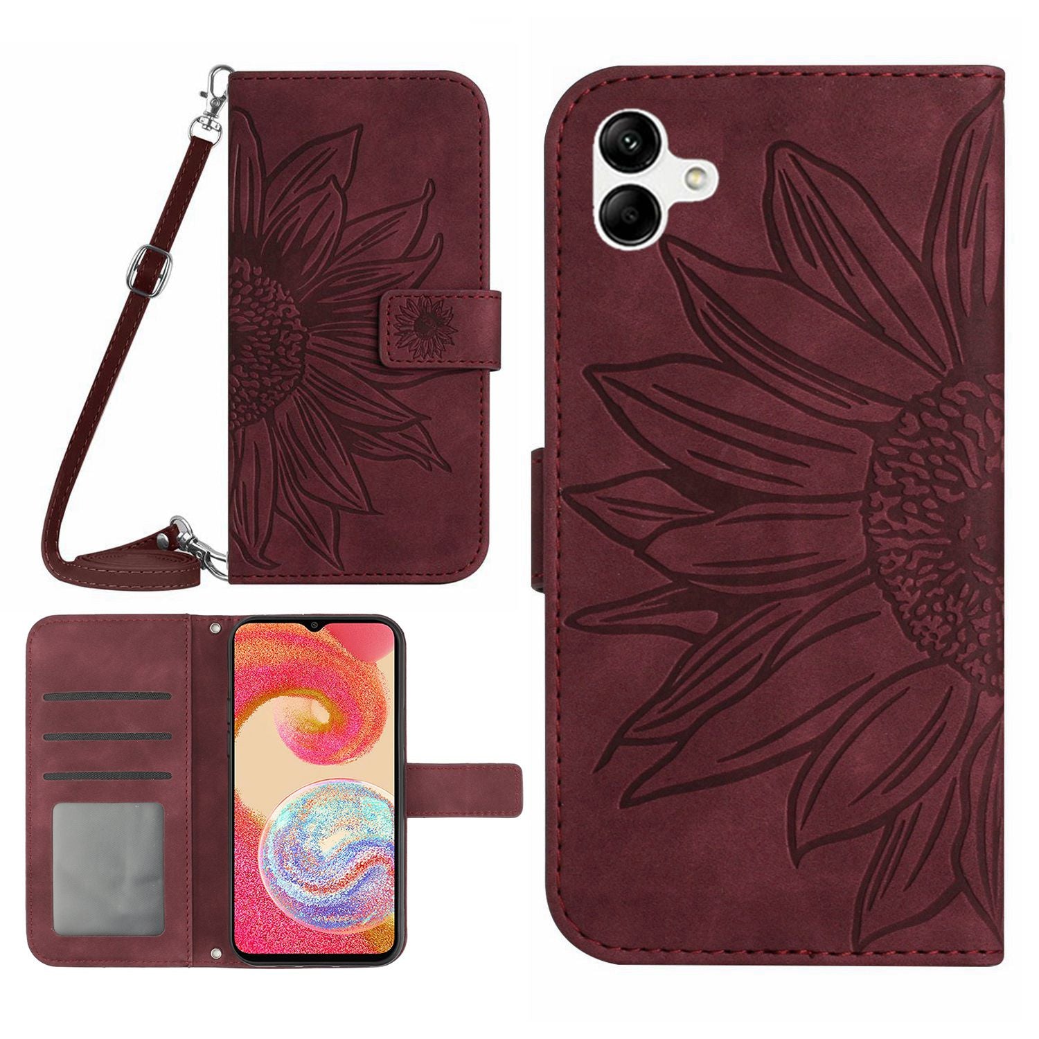 For Samsung Galaxy A04e 4G HT04 Imprinted Sunflower Flip Cover Skin-Touch PU Leather Stand Magnetic Closure Folio Wallet Phone Case with Shoulder Strap