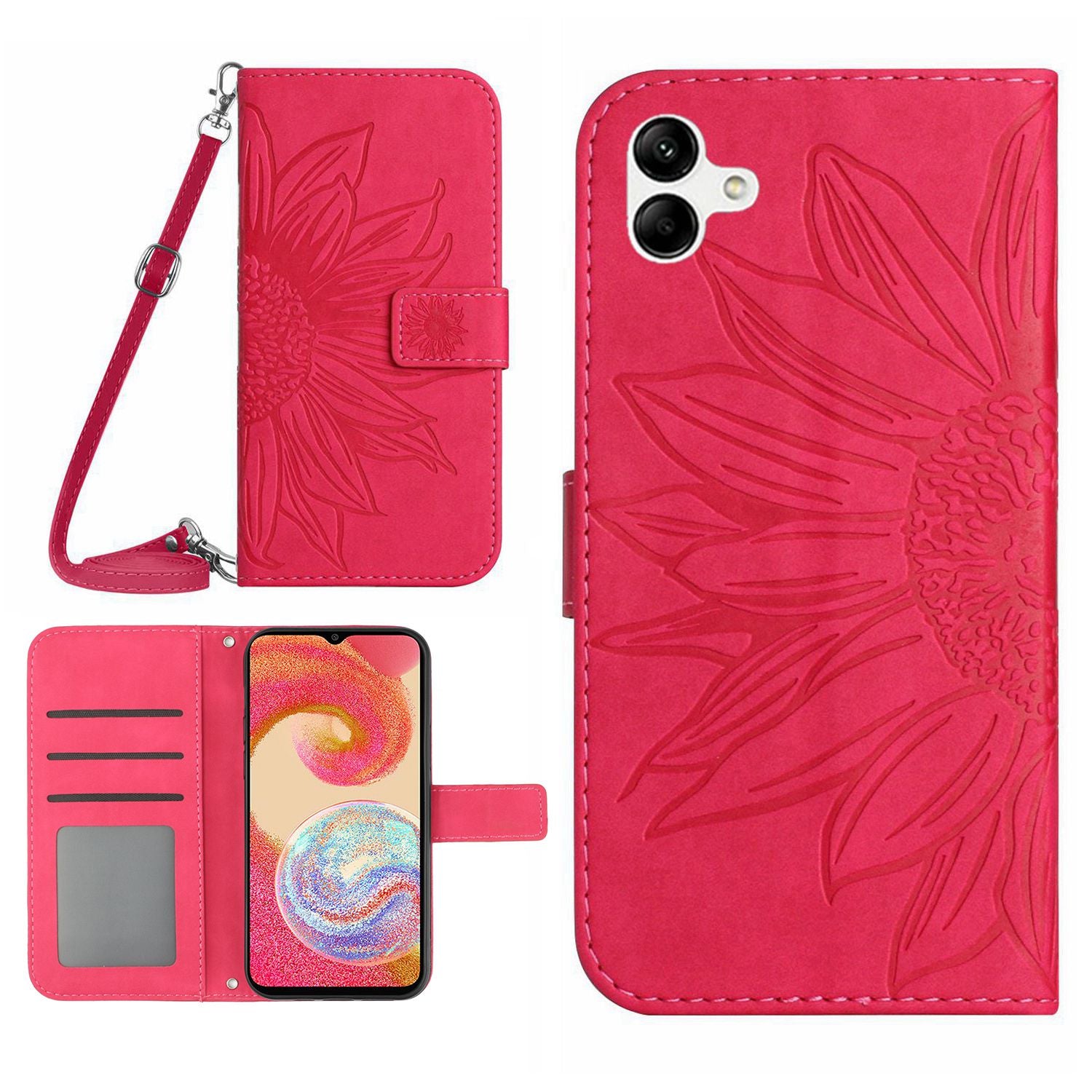 For Samsung Galaxy A04e 4G HT04 Imprinted Sunflower Flip Cover Skin-Touch PU Leather Stand Magnetic Closure Folio Wallet Phone Case with Shoulder Strap