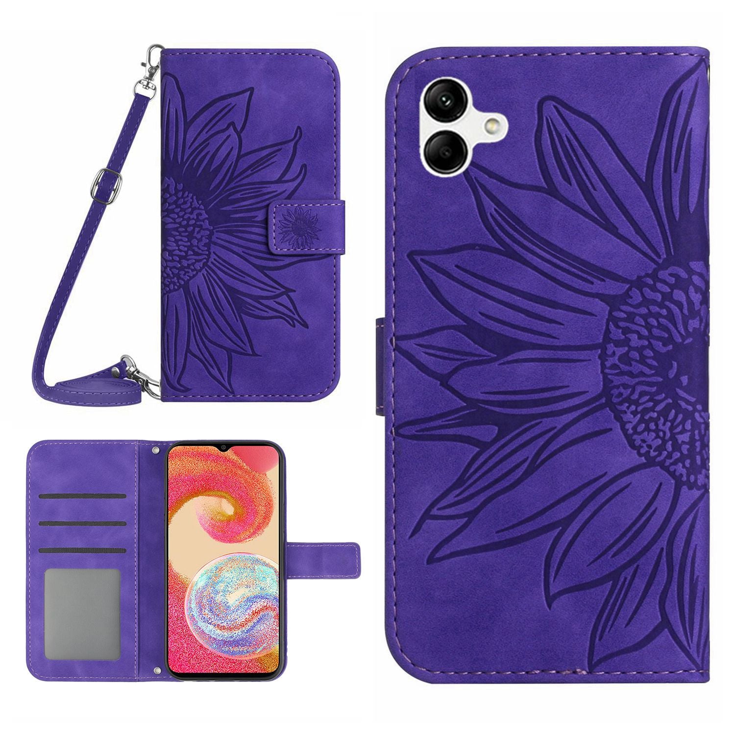 For Samsung Galaxy A04e 4G HT04 Imprinted Sunflower Flip Cover Skin-Touch PU Leather Stand Magnetic Closure Folio Wallet Phone Case with Shoulder Strap