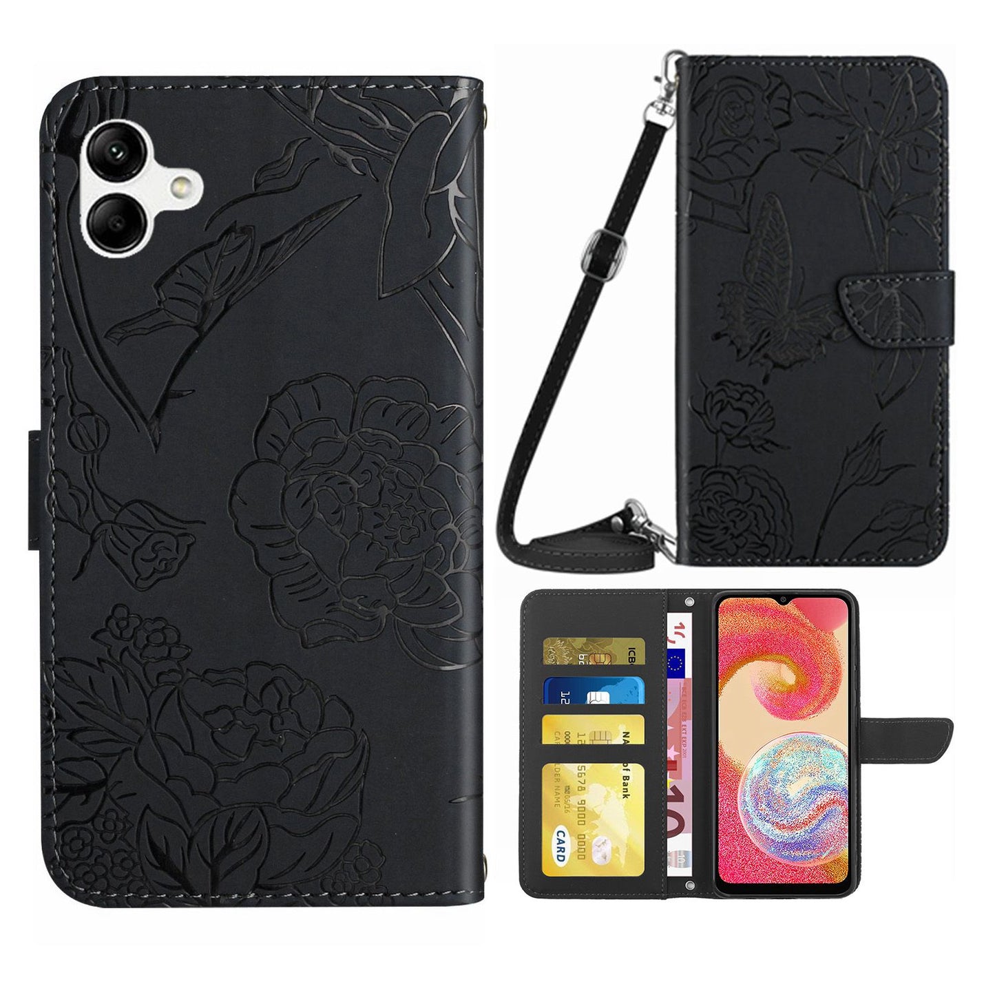 For Samsung Galaxy A04e 4G HT03 Imprinted Butterfly Flowers Folding Stand Cover Skin-touch PU Leather Wallet Flip Phone Case with Shoulder Strap