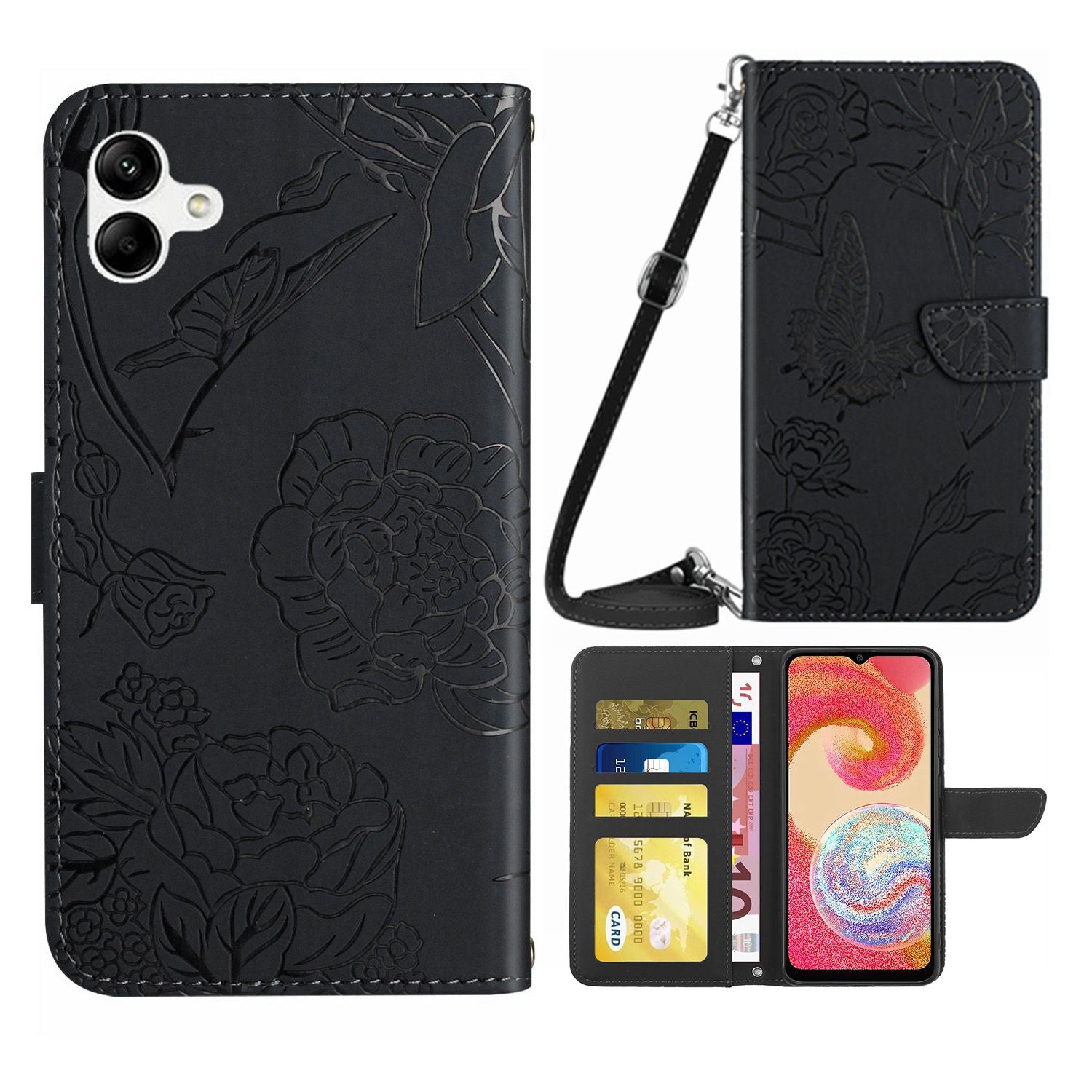 For Samsung Galaxy A04e 4G HT03 Imprinted Butterfly Flowers Folding Stand Cover Skin-touch PU Leather Wallet Flip Phone Case with Shoulder Strap