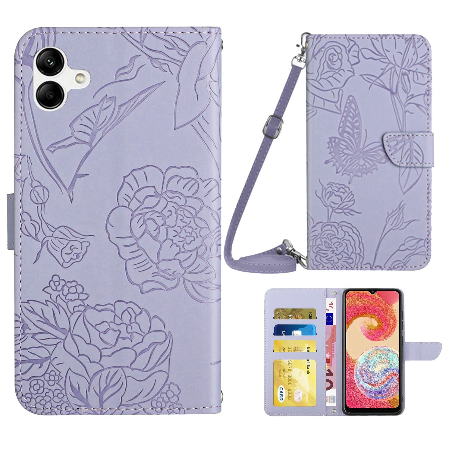 For Samsung Galaxy A04e 4G HT03 Imprinted Butterfly Flowers Folding Stand Cover Skin-touch PU Leather Wallet Flip Phone Case with Shoulder Strap