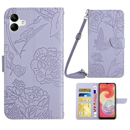 For Samsung Galaxy A04e 4G HT03 Imprinted Butterfly Flowers Folding Stand Cover Skin-touch PU Leather Wallet Flip Phone Case with Shoulder Strap