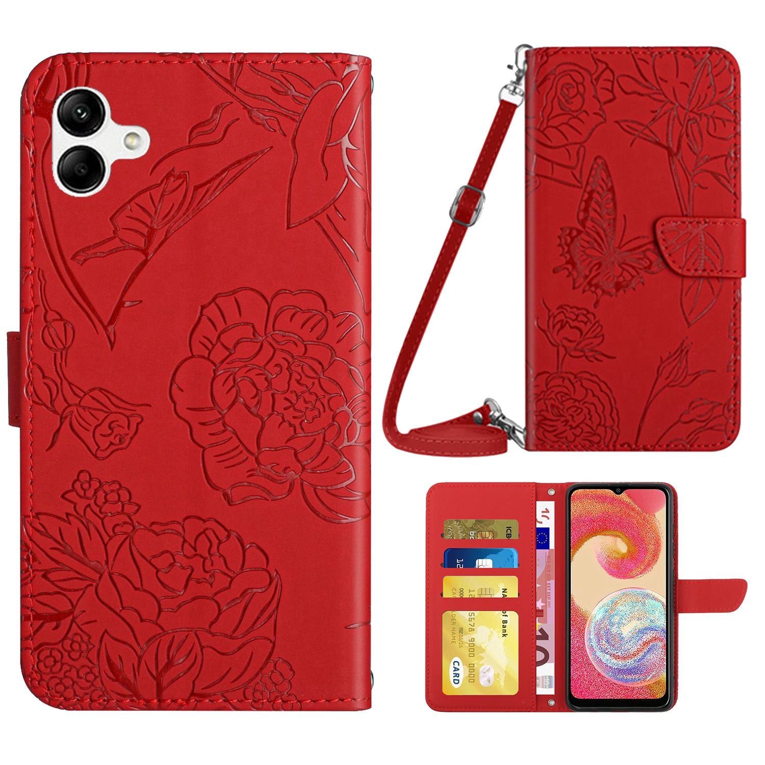 For Samsung Galaxy A04e 4G HT03 Imprinted Butterfly Flowers Folding Stand Cover Skin-touch PU Leather Wallet Flip Phone Case with Shoulder Strap