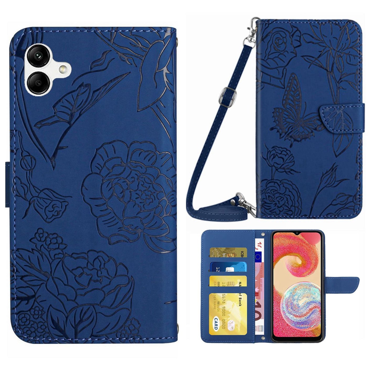 For Samsung Galaxy A04e 4G HT03 Imprinted Butterfly Flowers Folding Stand Cover Skin-touch PU Leather Wallet Flip Phone Case with Shoulder Strap