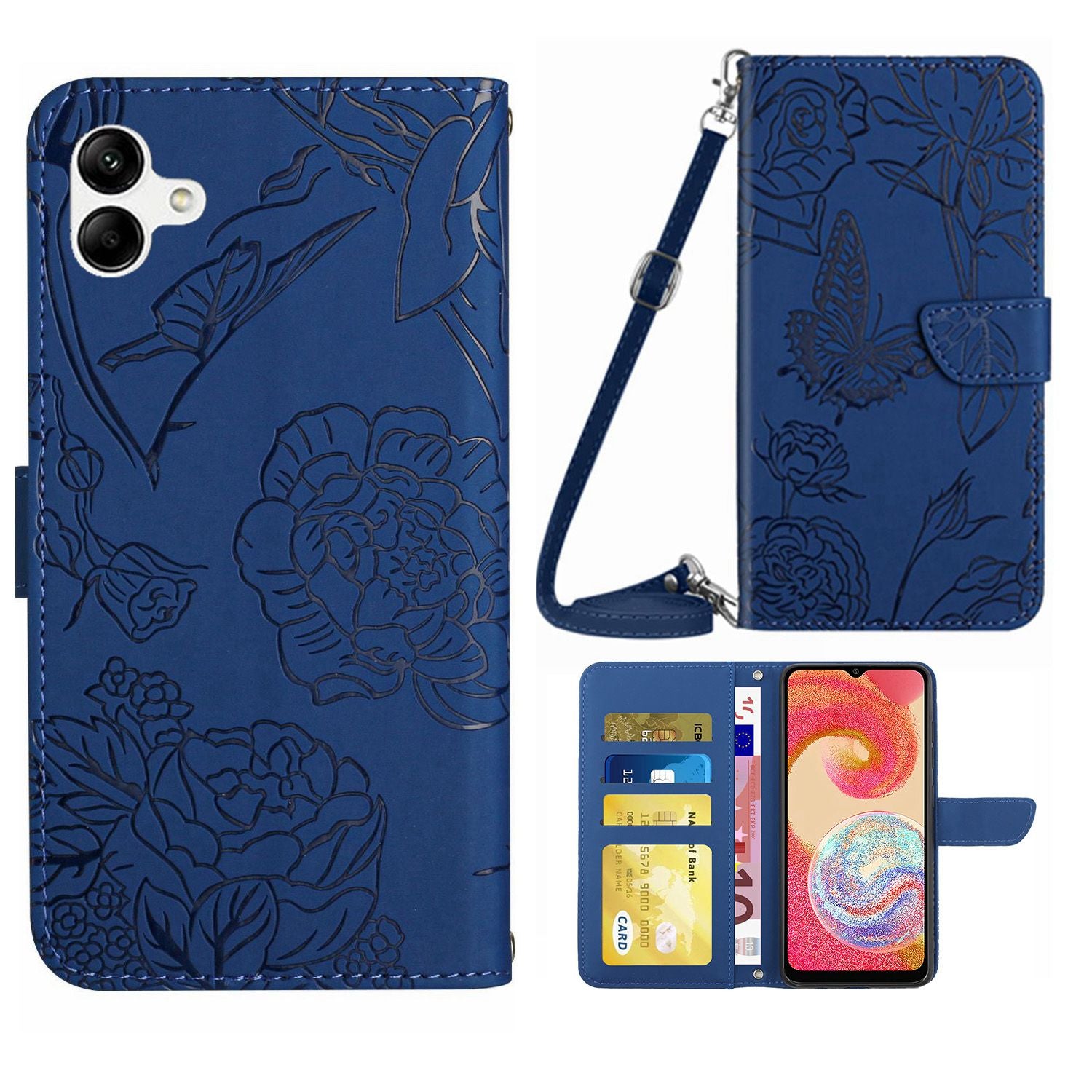 For Samsung Galaxy A04e 4G HT03 Imprinted Butterfly Flowers Folding Stand Cover Skin-touch PU Leather Wallet Flip Phone Case with Shoulder Strap