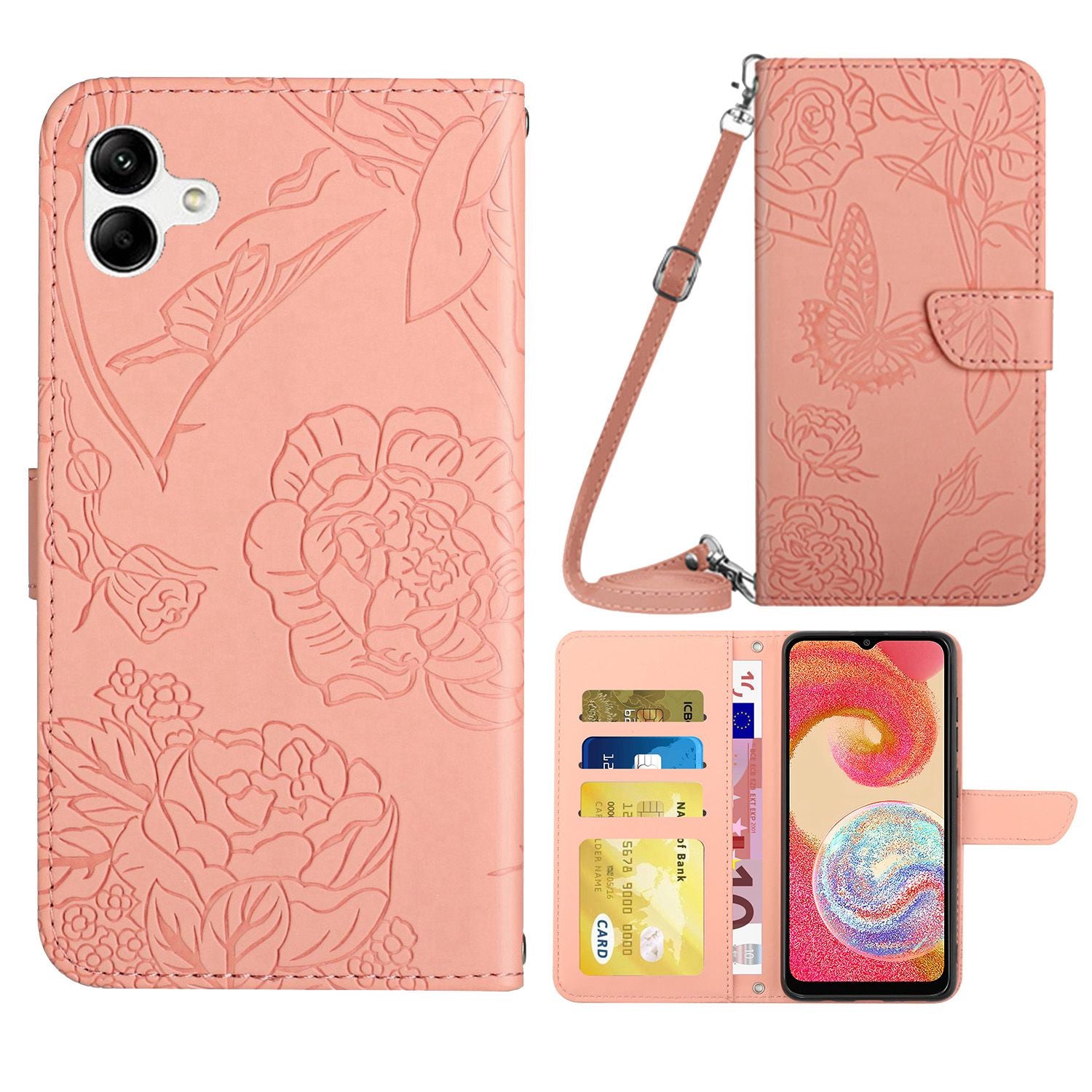 For Samsung Galaxy A04e 4G HT03 Imprinted Butterfly Flowers Folding Stand Cover Skin-touch PU Leather Wallet Flip Phone Case with Shoulder Strap