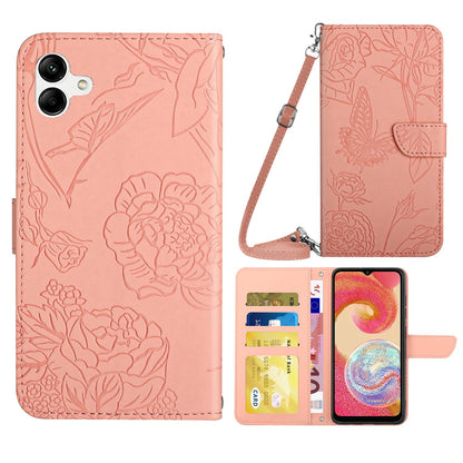 For Samsung Galaxy A04e 4G HT03 Imprinted Butterfly Flowers Folding Stand Cover Skin-touch PU Leather Wallet Flip Phone Case with Shoulder Strap