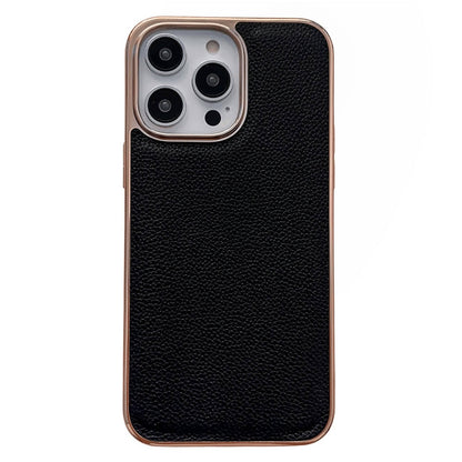 Cell Phone Back Cover for iPhone 13 Pro 6.1 inch, Nano Electroplating Anti Scratch Litchi Texture Genuine Leather Coated TPU Phone Case