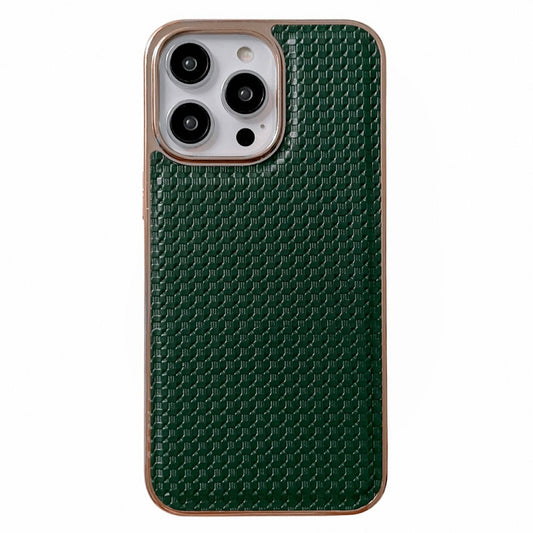 For iPhone 13 Pro 6.1 inch Drop Resistant Textured Genuine Leather Coated TPU Phone Case Nano Electroplating Cell Phone Back Cover