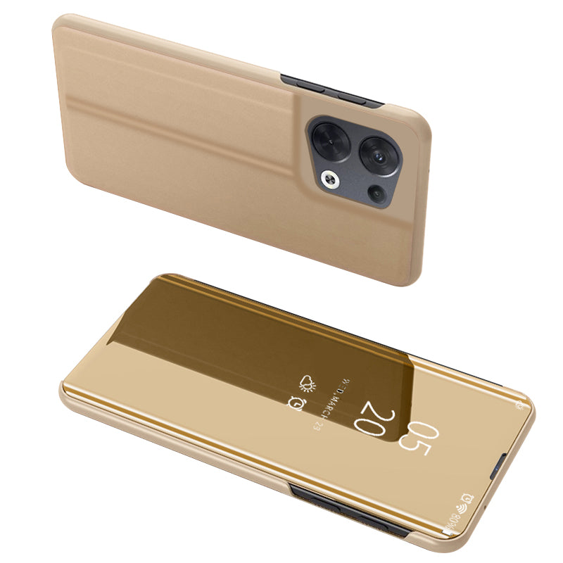 For Oppo Reno8 5G (Global Version) Scratch-proof PU Leather Mirror Flip Electroplating Cover Clear View Window Stand Phone Case