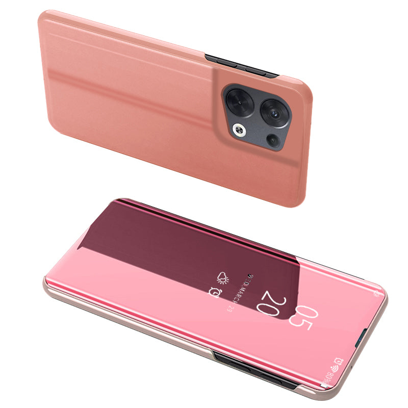 For Oppo Reno8 5G (Global Version) Scratch-proof PU Leather Mirror Flip Electroplating Cover Clear View Window Stand Phone Case
