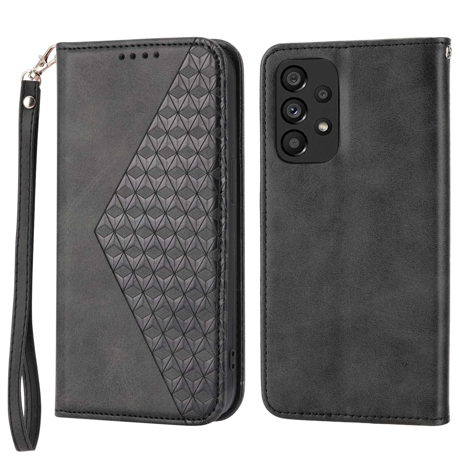 Anti-drop Calf Texture Phone Case  For Samsung Galaxy A52 4G / 5G / A52s 5G PU Leather Imprinted Rhombus Pattern Cell Phone Cover Wallet Stand with Strap