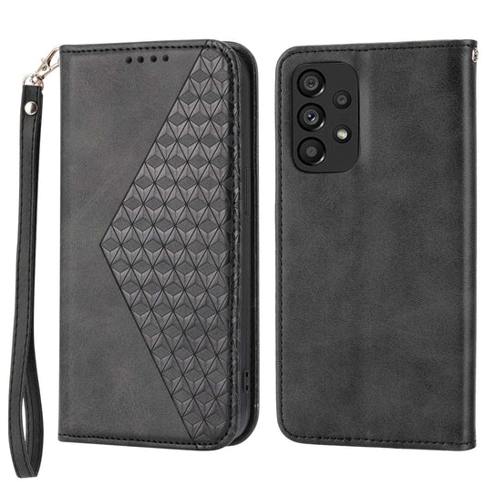 Anti-drop Calf Texture Phone Case  For Samsung Galaxy A52 4G / 5G / A52s 5G PU Leather Imprinted Rhombus Pattern Cell Phone Cover Wallet Stand with Strap