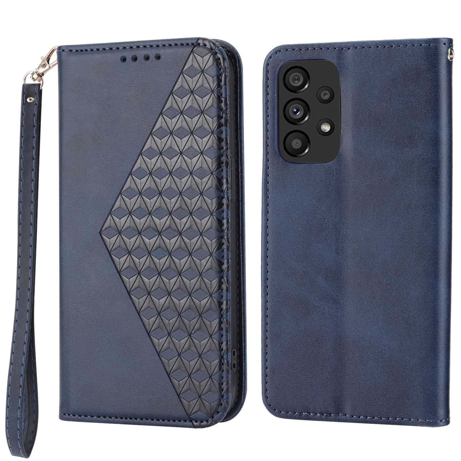 Anti-drop Calf Texture Phone Case  For Samsung Galaxy A52 4G / 5G / A52s 5G PU Leather Imprinted Rhombus Pattern Cell Phone Cover Wallet Stand with Strap
